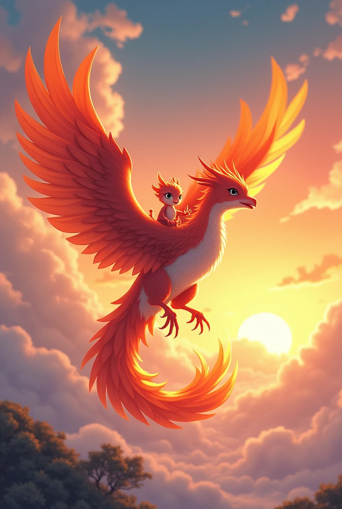 Wing characteristics、The legendary visual phoenix with its stylish color and stylish aura、Flying majestically in the sky。
A cute mini dragon with an adorable smile、She is riding cutely on top of a Phoenix.(Straddle)。
The scenery has a bright and hopeful atmosphere of infinity.、It spreads out in the atmospheric sunset sky.。
A beautiful composition with a three-dimensional horizontal angle.。
Please make a dynamic ukiyo-e illustration with a happy smile.。
best artworks.