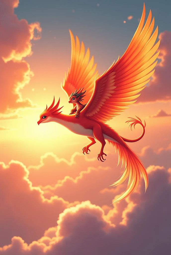 Wing characteristics、The legendary visual phoenix with its stylish color and stylish aura、Flying majestically in the sky。
A cute mini dragon with an adorable smile、She is riding cutely on top of a Phoenix.(Straddle)。
The scenery has a bright and hopeful atmosphere of infinity.、It spreads out in the atmospheric sunset sky.。
A beautiful composition with a three-dimensional horizontal angle.。
Please make a dynamic ukiyo-e illustration with a happy smile.。
best artworks.