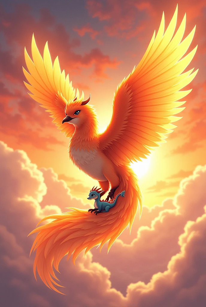 Wing characteristics、The legendary visual phoenix with its stylish color and stylish aura、Flying majestically in the sky。
A cute mini dragon with an adorable smile、She is riding cutely on top of a Phoenix.(Straddle)。
The scenery has a bright and hopeful atmosphere of infinity.、It spreads out in the atmospheric sunset sky.。
A beautiful composition with a three-dimensional horizontal angle.。
Please make a dynamic ukiyo-e illustration with a happy smile.。
best artworks.