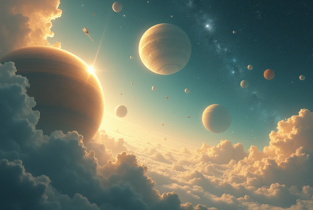 Create a dream, Ethereal image with numerous celestial bodies as background. Fill the sky with lots of planets, satellite, And stars of all sizes and colors, Creating a rich and diverse cosmic landscape. At the bottom of the picture, Showing half of the surface of a large planet. The planet should be significantly larger than the background elements，And only its upper part should be visible, Occupies the lower half of the screen. Add a soft, The hazy light surrounding the celestial body，And use soft tones to enhance the dreamlike atmosphere. Contains some rotation, Transparent clouds or nebulae，Create a sense of magic and wonder, Interweaving them among the many planets and stars.