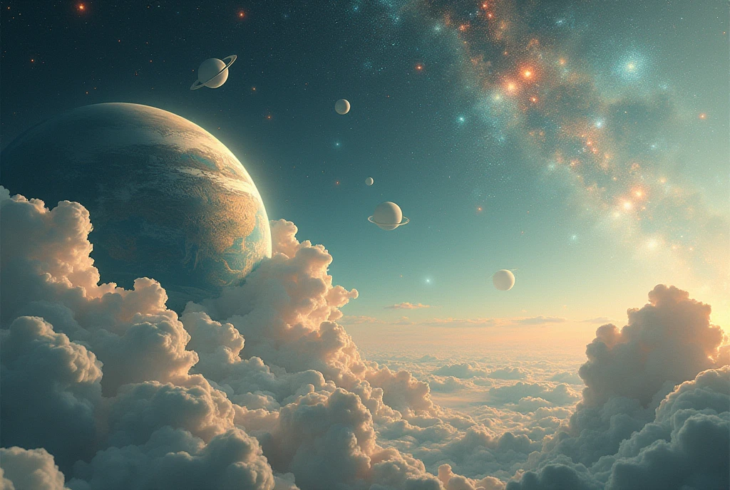 Create a dream, Ethereal image with numerous celestial bodies as background. Fill the sky with lots of planets, satellite, And stars of all sizes and colors, Creating a rich and diverse cosmic landscape. At the bottom of the picture, Showing half of the surface of a large planet. The planet should be significantly larger than the background elements,And only its upper part should be visible, Occupies the lower half of the screen. Add a soft, The hazy light surrounding the celestial body,And use soft tones to enhance the dreamlike atmosphere. Contains some rotation, Transparent clouds or nebulae,Create a sense of magic and wonder, Interweaving them among the many planets and stars.