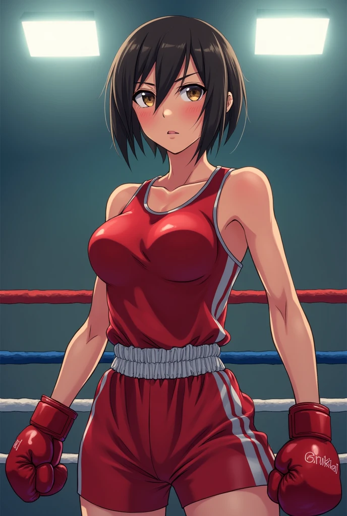 Fille de boxe brune  aux cheveux courts noire debout dans le ring  avec tenue rouge avec style anime