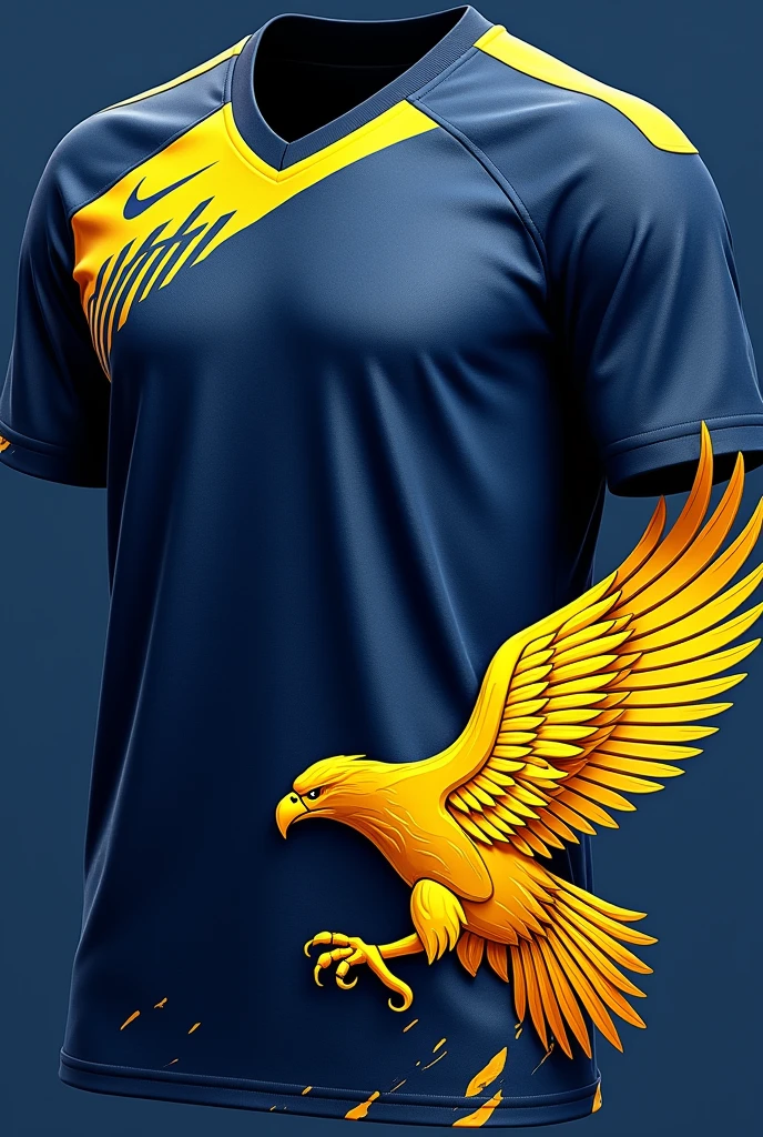 Create a sports jersey of the city of Atlanta with dark blue and yellow colors and very detailed., and with a geometric eagle in the lower corner of it, detailed but not too extravagant 