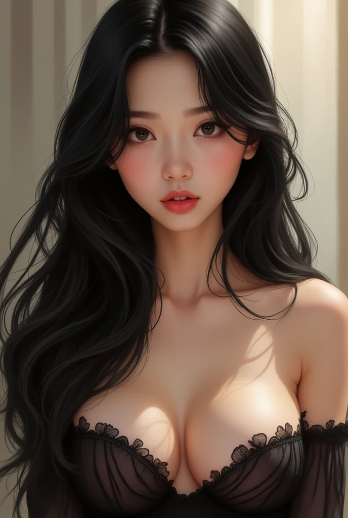 korean girl, long hair, blak hair, big boobs