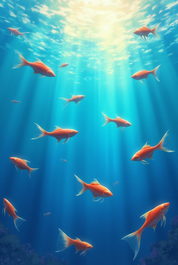 Sea,bright,Fish,beautiful,Colorful,high resolution,Anime Style,Makoto Shinkai style