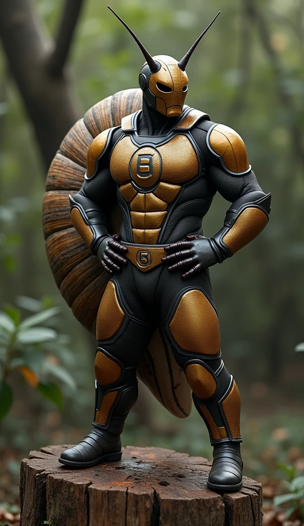 Create photography closed-up Snail (without shell). Wear Snail future armor mask like snail head. Standing on tree stump. Both hands on the hip. Wearing superhero dark brown colored with dark gold colored pattern like a snail shell in armor suit letter "S" logo inside the circle shape on the chest, wear a dark gold armor glove, dark brown armor pants and dark gold knee guard, dark gold belt armor, dark gold armor shoes. Bandit bush background. Hyper Realistic photography, 8K Ultra HDR, super detailed.