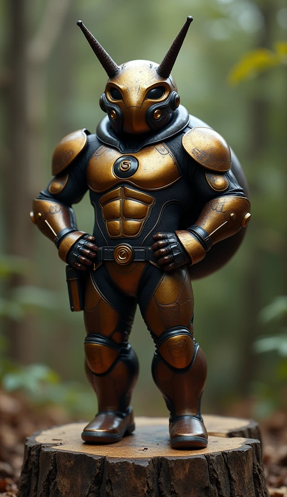 Create photography closed-up Snail (without shell). Wear Snail future armor mask like snail head. Standing on tree stump. Both hands on the hip. Wearing superhero dark brown colored with dark gold colored pattern like a snail shell in armor suit letter "S" logo inside the circle shape on the chest, wear a dark gold armor glove, dark brown armor pants and dark gold knee guard, dark gold belt armor, dark gold armor shoes. Bandit bush background. Hyper Realistic photography, 8K Ultra HDR, super detailed.