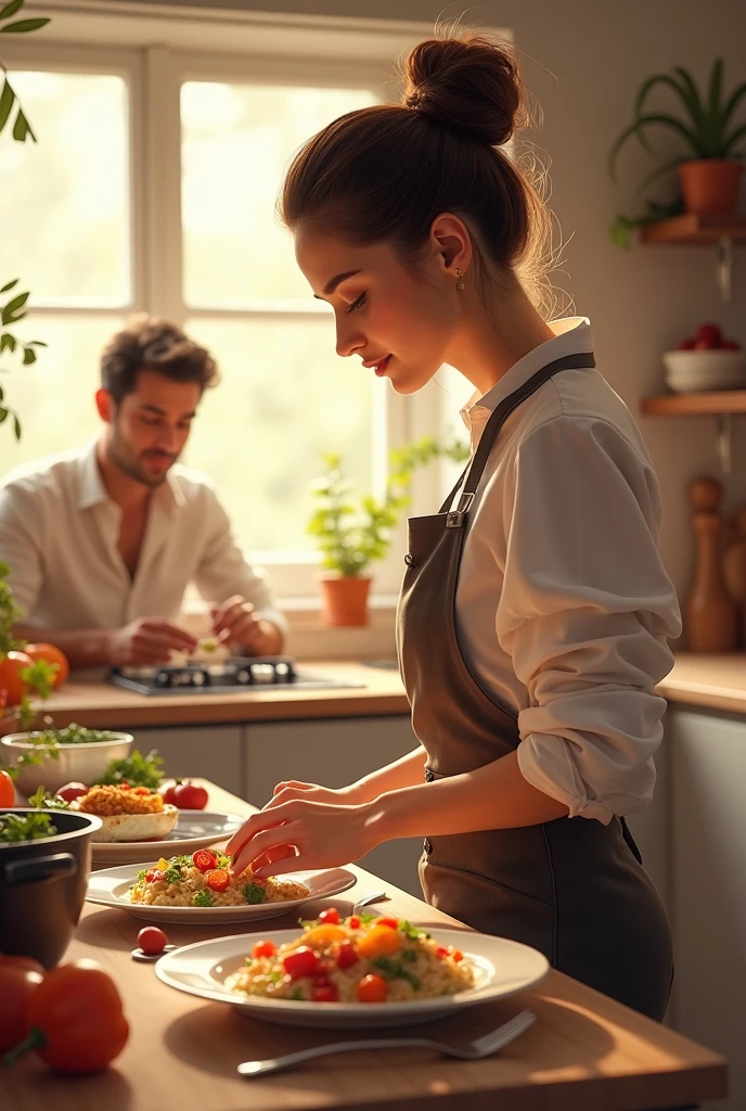 A woman is cooking in the kitchen, Beautiful cuisine, My husband is eating nearby