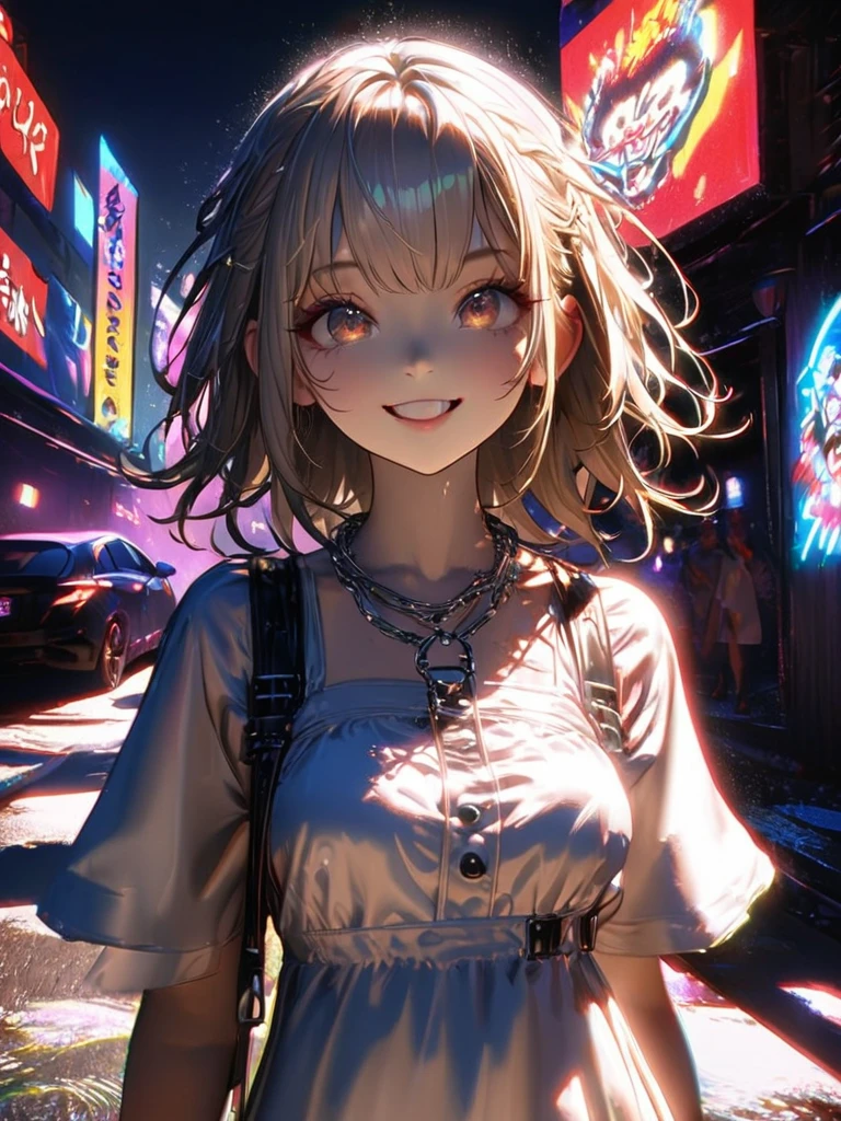 1 person, chromatic aberration, Written boundary depth, Soft Light, masterpiece, Highest quality, complicated, Tone Mapping, A place where fireworks are set off at festivals. Concept Art, Smooth, Clear focus, Dramatic lighting, Very cinematic, super practical painting, アートステーション's trending, 8k, Incredible Shadows, practical, whole body, View, Viewers, Portrait of a Girl 1, standing on street corner, Heavy rain and lightning、Dark Sky, neon and cyber punk background, she is dressed in punk clothing with silver chains and silver spikes, Her hair was dyed light brown..................Ominous aura of light, smile, punk, ciber punk, Backlight.Fashionable clothes、Friendly dress code: wearing cute white dress.My breasts are a little big