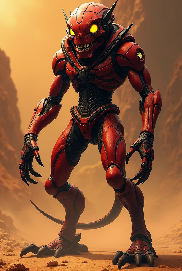 **age:** 400 years old (Considered middle-aged in his species)
**height:** 2.8 meters
**รูปร่างหน้าeye:**
- **Skin color:** Deep red with black patterns that shimmer like those of the sun.
- **eye:** eyeขนาดใหญ่เป็นสีเหลืองทอง มีรูม่านeyeที่เป็นเส้นโค้งคล้ายกับรูปดวงอาทิตย์
- **mouth:** mouthกว้างและแหลม มีฟันแหลมคมที่เหมาะกับการฉีกกินอาหาร
- **arm:** armยาวและมีกล้ามเนื้อที่แข็งแรง มีห้าปลายนิ้วที่เป็นกรงเล็บทรงพลัง
- **leg:** legมีลักษณะคล้ายสัตว์เลื้อยคลาน แข็งแรงและสามารถปรับตัวให้เหมาะกับการเคลื่อนที่ในภูมิประเทศที่ร้อนจัด
มีชุดเทคโนโลยีล้ำสมัย
**Personality:**
Xelrion เป็นบุคคลที่มีท่าทีฉลาดและค่อนข้างเจ้าเล่ห์ เlegมักใช้ความสามารถในการโกงและการเจรจาเพื่อผลประโยชน์ส่วนตัว เlegมีความชำนาญในการใช้เทคโนโลยีและมักจะใช้ความรู้เหล่านี้ในการควบคุมสถานการณ์ให้ได้eyeมที่เlegต้องการ แม้จะมีความคิดริเริ่มที่ดี แ