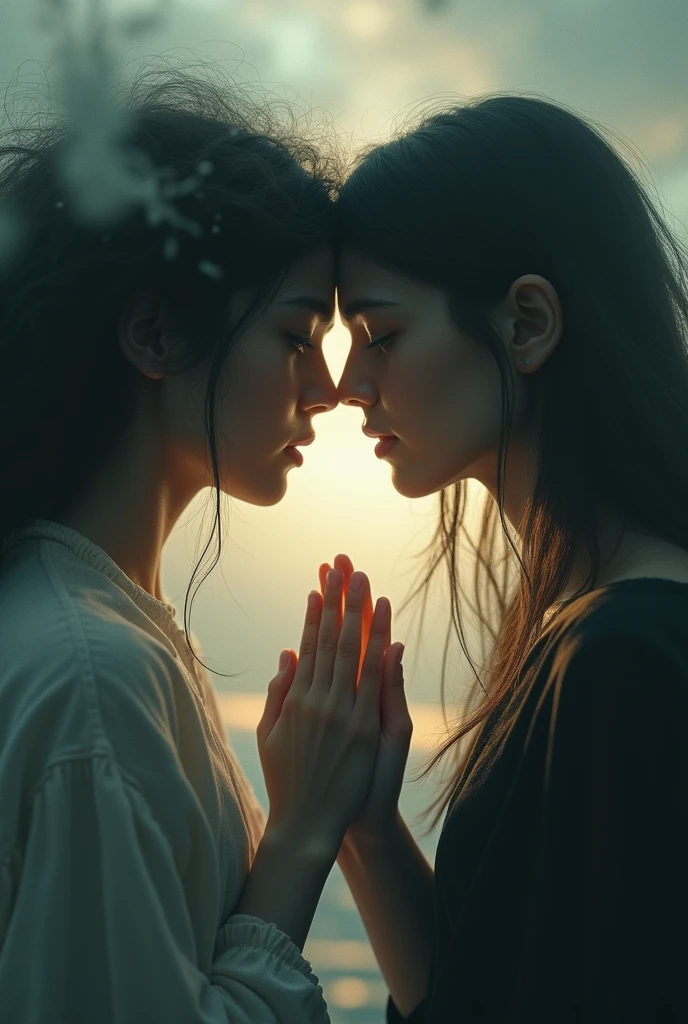 Two people in separate worlds trying to hold each others palm and foreheads stick together