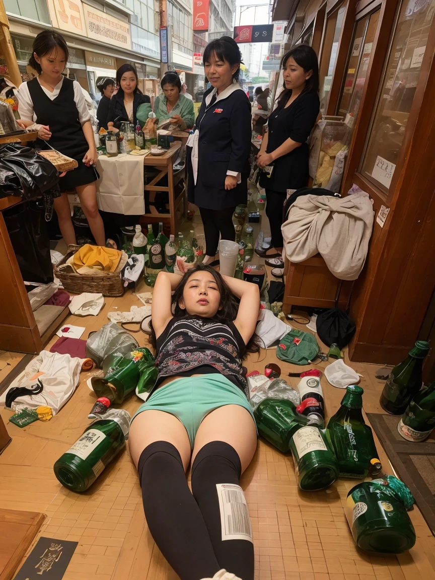 Highest quality、Highest quality、Highest Resolution、masterpiece、Portraiture、Accurate Perspective、size balance、(There are four beautiful women:1.5)、(Long curly hair of light brown color)、(Full Body Shot:1.2)、Looking into the camera、Low angle shot、(She is drunk from drinking too much alcohol:1.3)、(Sleepy face:1.3)、Red cheeks、smile、Legs wide open、Patterned blouse and mini skirt、Wearing lace bra and panties、Garter belt and stockings、half coat and high heels、Shoulder bag、(Picnic mats are spread out on the pedestrian precinct in front of a luxury department store.:1.5)、(Drinking beer and eating yakitori:1.5)、(Empty beer cans, empty whiskey bottles, lunch boxes, etc. are scattered around her.:1.5)