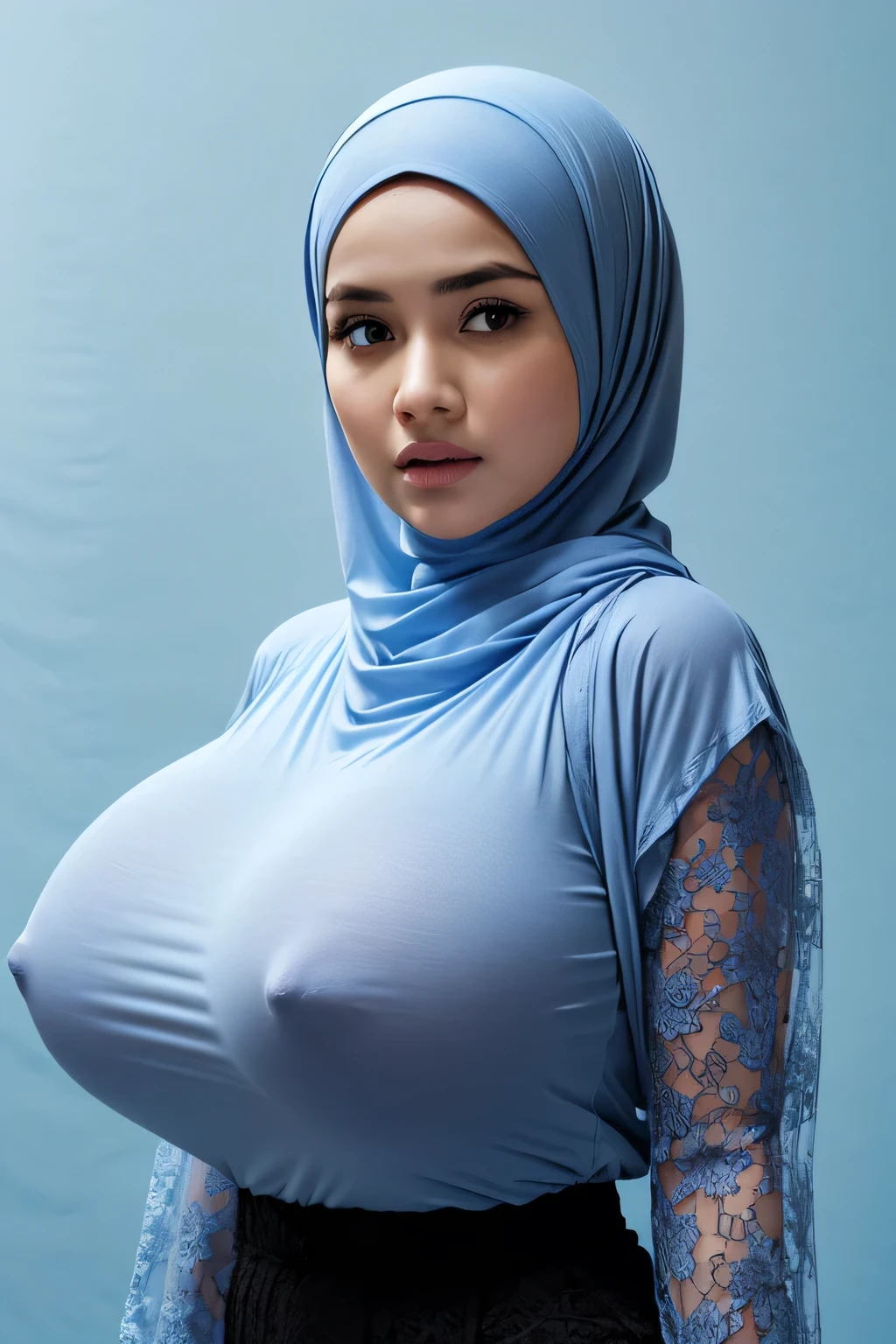 Jumbo (Oversized), Chubby adorable, 1 girl, (face to face), , , angry face expression, half body portrait, (face details: 1), (eye details: 1), ((big breasts)). wearing transparent transparency soft long shirt, hijab, .. Cute posed. proportional body. Ultra High Res. realistic: 1.4, UHD, ((lace pattern)), ((Bigger:2.3)), (((LIGHT BLUE BACKGROUND)))