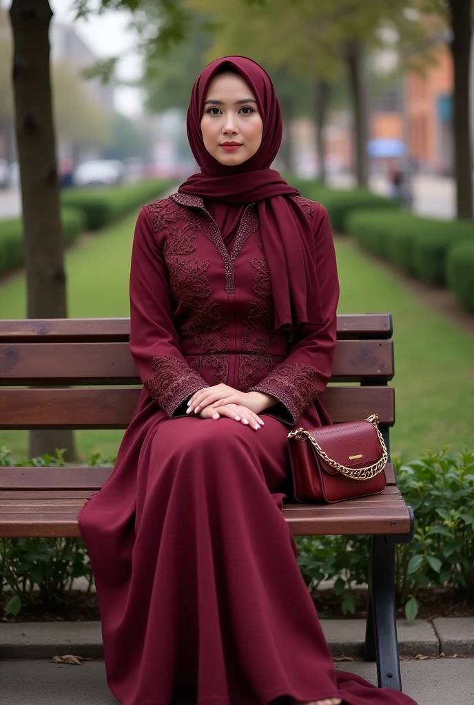 Please make me a realistic photo of a woman in a maroon hijab dressed in an elegant maroon robe sitting facing the viewer ((full body professional body gemoy)) on an outdoor bench with a city park background, embellishments on shoes, as well as a chain sleeved shoulder bag accessory, while sitting on her hands.