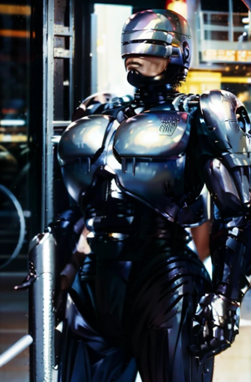 Robocop full armor, tall, big breasts, Robocop helmet, mouth visible, sexy body, weak-looking Robocop