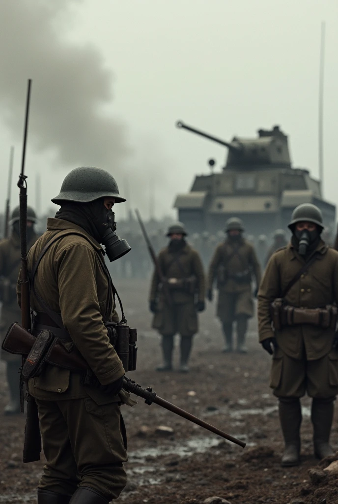 Hello, Please create a picture of World War I. realist. With gas masks, and on the other side are the enemies with gas masks and weapons. And there are war tanks