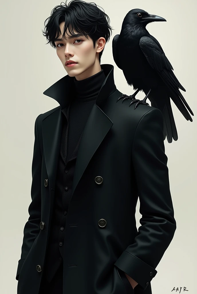 (Photorealism:9.16), male,Tall,Comic Style,Whitish,Elegant and handsome black hair and black eyes,Wear a black trench coat,Hands in pockets,There is a one-eyed crow on my shoulder