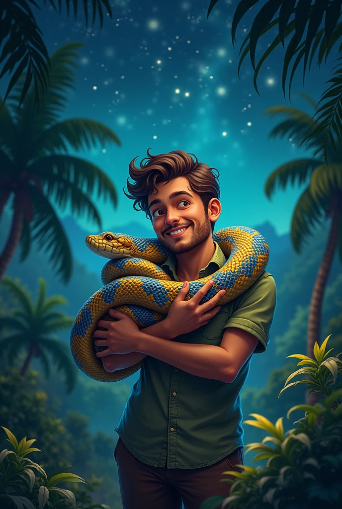 A baby with brown hair and blue eyes, Happy man hugging a poisonous snake in a tropical jungle with starry sky 