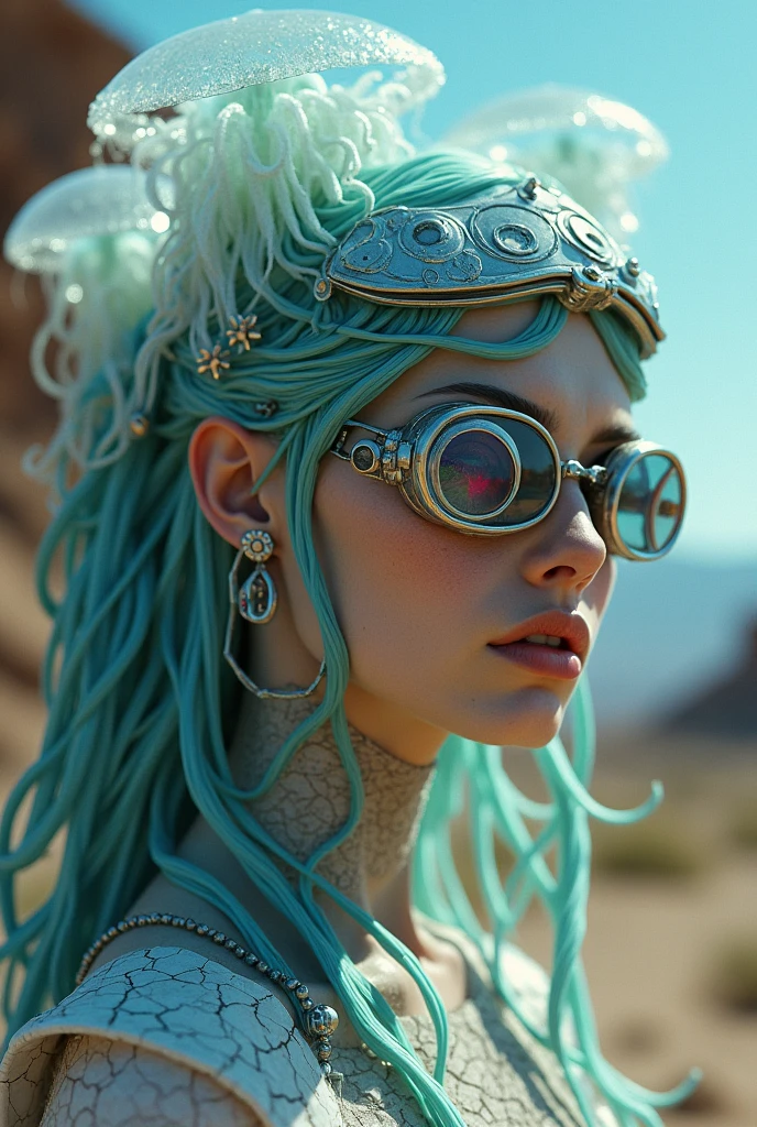 Ethereal Cyborg Woman, bioluminescent jellyfish tiara. Steampunk goggles merge with translucent tentacles. Cracked porcelain skin meets iridescent scales. Mechanical implants and delicate tendrils intertwine. Human characteristics with an otherworldly glow. Dreamy aquatic tones contrast with aged metal. Reflective eyes capture invisible worlds. Gentle bioluminescence meets a harsh desert landscape. Fusion of organic and synthetic, ancient and futuristic. Hyper-detailed textures, surreal atmosphere.