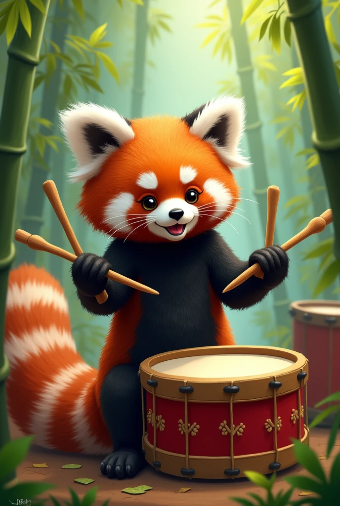 Red panda playing drums