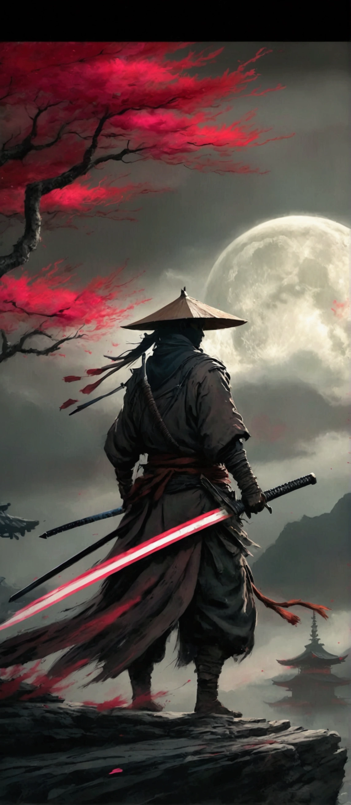 a painting of a man with a sword and a red sun, sekiro in bloodborne world, sekiro, inspired by Kanō Hōgai, feudal japan art, ghost of tsushima, traditional japanese concept art, inspired by Edo Murtić, ronin, inspired by Ma Shi, sekiro mountain, samurai style, benedick bana