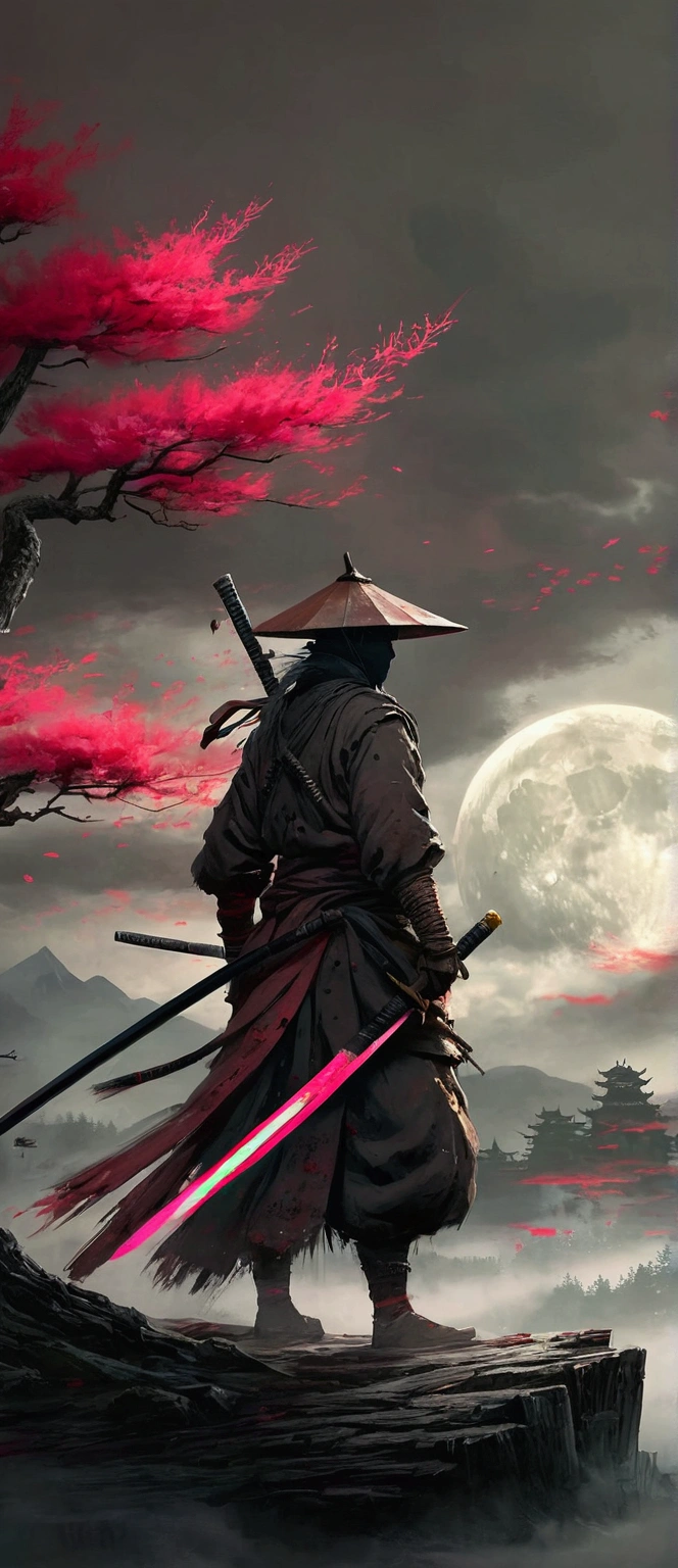 a painting of a man with a sword and a red sun, sekiro in bloodborne world, sekiro, inspired by Kanō Hōgai, feudal japan art, ghost of tsushima, traditional japanese concept art, inspired by Edo Murtić, ronin, inspired by Ma Shi, sekiro mountain, samurai style, benedick bana