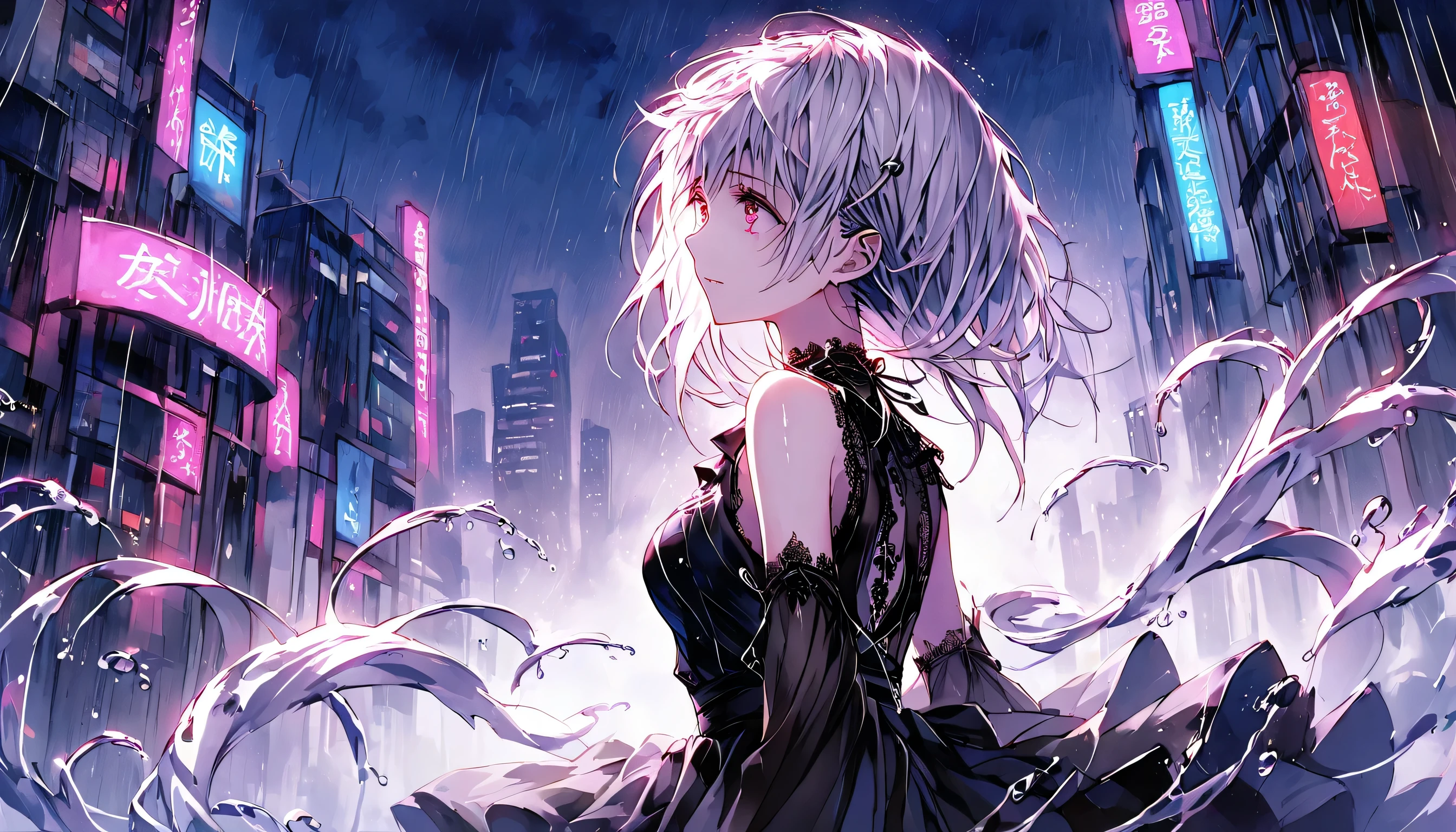 Super Detail, Attention to Detail, High Quality, Top Quality, High Resolution,In a heavy downpour during a dark, rainy night in the city, a young woman in her early 20s stands alone on a deserted street, gazing up at the sky with a profound and hopeless expression. Her long, silver hair is soaked, clinging to her pale skin and cascading down her back, adding a haunting beauty to her appearance. She wears a glossy, black gothic mini skirt paired with intricate lace and leather details, embodying the edgy and alluring "Jirai Kei" fashion style. The low-angle perspective emphasizes her dominance and isolation, while the towering, shadowy skyscrapers loom above, their silhouettes contrasted by the vibrant neon lights that reflect off the wet surfaces and illuminate her figure in shades of neon pink, blue, and purple. The rain pours relentlessly, creating a dramatic and melancholic atmosphere, with water droplets captured mid-air and puddles rippling around her high-heeled boots. The overall scene evokes a sense of deep emotional turmoil and dark elegance amidst the urban landscape.