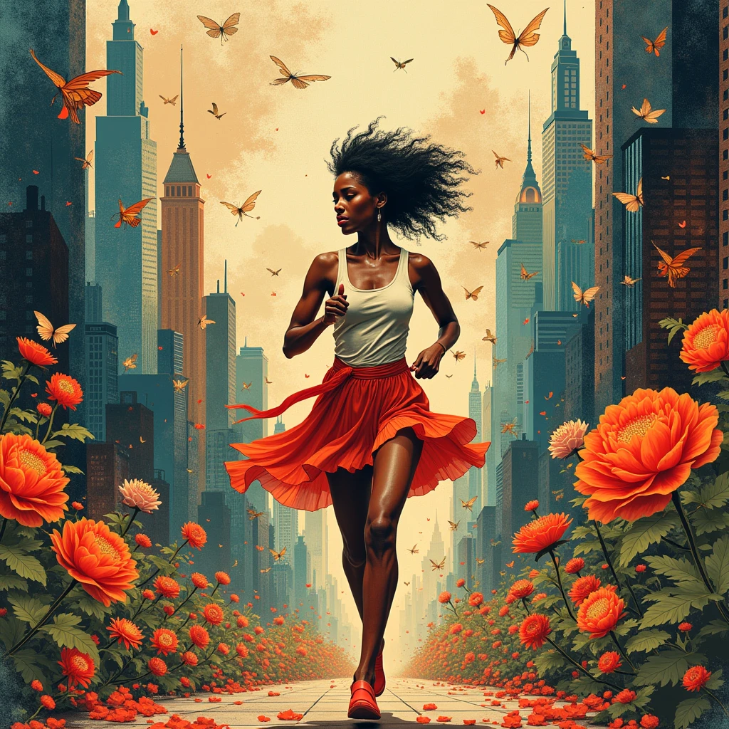 A surreal African-American woman running through the streets of a bustling metropolis. The background features abstract shapes and lines, creating an atmosphere reminiscent of Indian art styles. This artwork includes several textures, as woodblock print texture, colorful ink texture, oil painting texture, and paper cutting style. It also incorporates elements such as flowers or patterns., increasing your artistic charm. The artwork is in the style of Indian art.