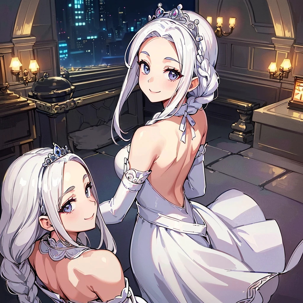 ((((Solo))))、Highest quality, Best Quality、middle ages、(((白いGorgeous dress))、(Mature Woman、Mother、40 years old)、(White Hair、Middle Reason、Does not touch the forehead、Dumpling、Braid)、(smile)、(princess、Queen of the West)、(Gorgeous dress、Shoulder)、tiara、(city)、(Close your eyes、Close your eyes)、palm、wave hands