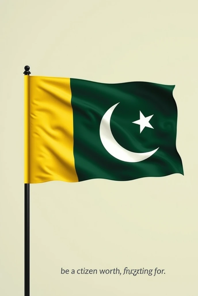 Create a photo that has flag with pakistan army, in it and "Be a citizen, worth fighting for" , The flag should have two vertical color blocks with yellow on the left side and green on the right side 75% yellow , 25% green color used on flag