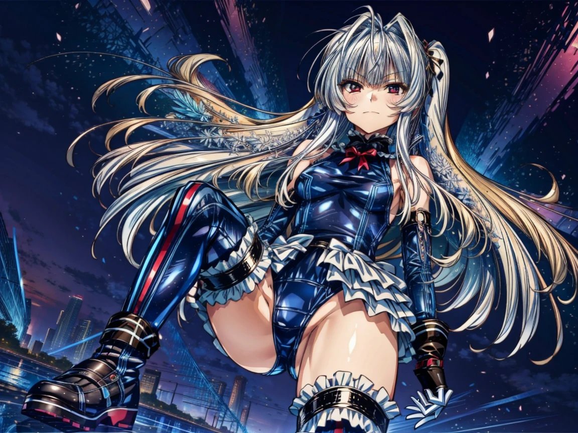 Perfect Anatomy, Highest quality, Rose,,Provocative attitude
(Inside a futuristic base:1.1)(Emotionless,Expressionless:1.4),Anime Style,(Frilled swimsuit, Knee socks, Removed sleeve), (Anime Style:1.4) ,(1 Girl:1.2),
Silver Hair,(White fingers:1.1,Black gloves),Very long hair,Evil Aura,(台の上に横たわる:1.4),full body,