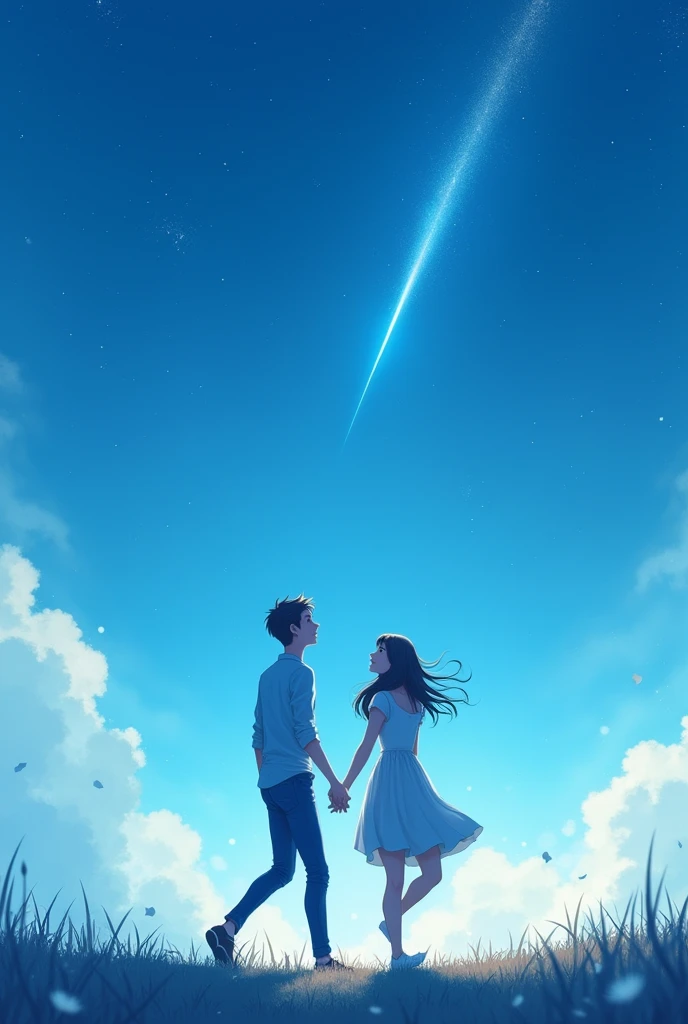 A young couple together walk and suddenly cross a shooting star blue sky