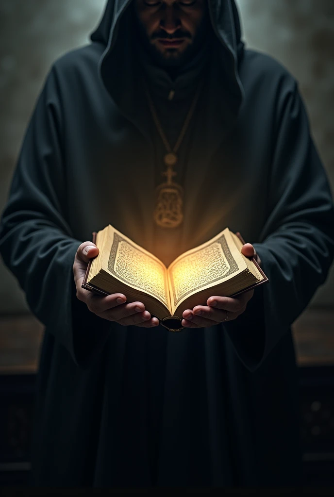 A man whose face is not visible holds the Koran in his hands. The Koran light bit 