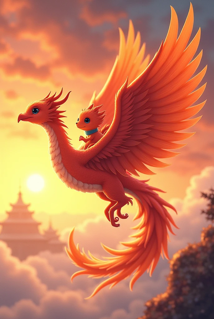 Wing characteristics、The legendary visual phoenix with its stylish color and stylish aura、Flying majestically in the sky。
A cute mini dragon with an adorable smile、She is riding cutely on top of a Phoenix.（Straddle）。
The scenery has a bright and hopeful atmosphere of infinity.、It spreads out in the atmospheric sunset sky.。
A beautiful composition with a three-dimensional horizontal angle.。
Please make a dynamic ukiyo-e illustration with a happy smile.。
best artworks.