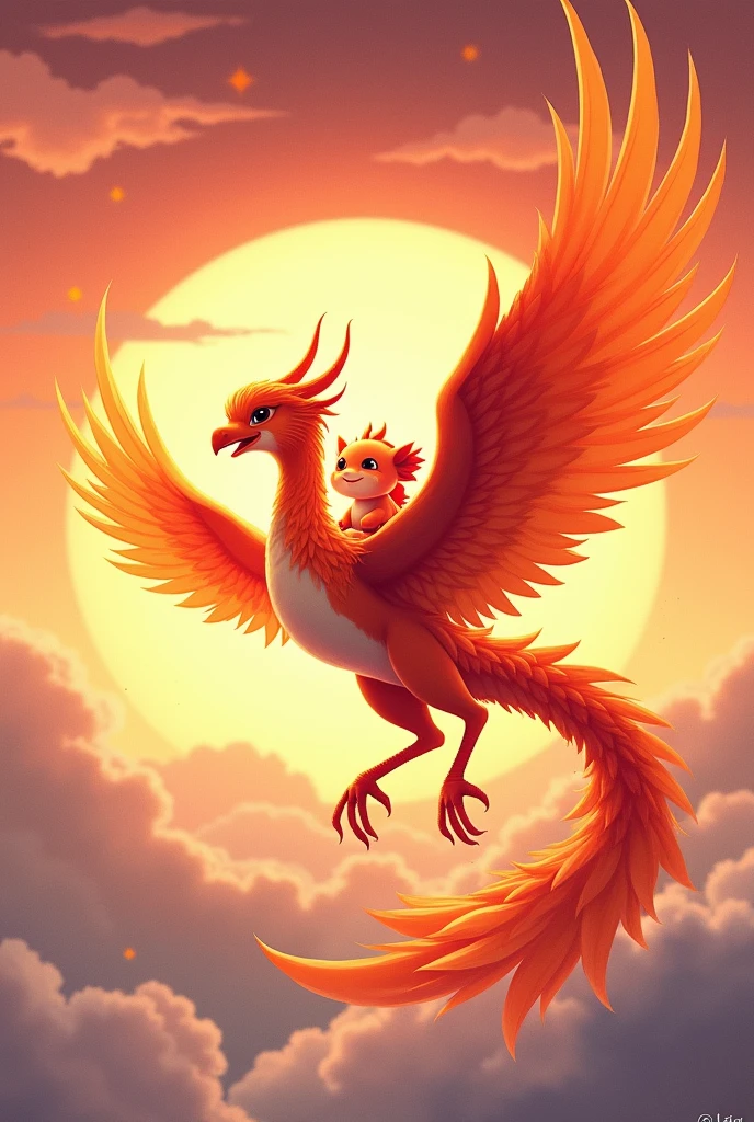 Wing characteristics、The legendary visual phoenix with its stylish color and stylish aura、Flying majestically in the sky。
A cute mini dragon with an adorable smile、She is riding cutely on top of a Phoenix.（Straddle）。
The scenery has a bright and hopeful atmosphere of infinity.、It spreads out in the atmospheric sunset sky.。
A beautiful composition with a three-dimensional horizontal angle.。
Please make a dynamic ukiyo-e illustration with a happy smile.。
best artworks.