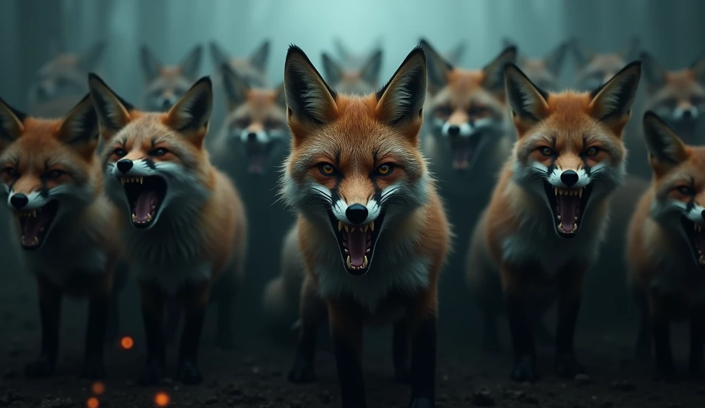 There is a shadow、Very Horror、Photorealistic、Ultra HD、30 angry foxes、Oblique front view、No people