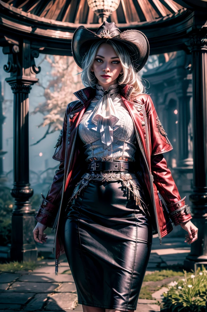 masterpiece,best quality, masterpiece, high detail,detailed face,detailed eyes,rendered eyes,perfect eyes,hip lines,crisp image,detailed,amazing,8k,8k wallpaper,8k background,high detailed skin,high res, (((cowboy shot))), solo, 1girl,looking at viewer,WillowSchnee, . Her attire consists of a white cravat secured by a silver brooch set with a red stone, as well as a light purple jacket with light sleeves, a wide belt around her waist, a matching pencil skirt with black tights and slippers. serious expression, outside, garden, ornate Gazebo at center of hedge maze, holding wine glass, night, stars moon, (volumetric lighting), sharp focus, hyper detailed