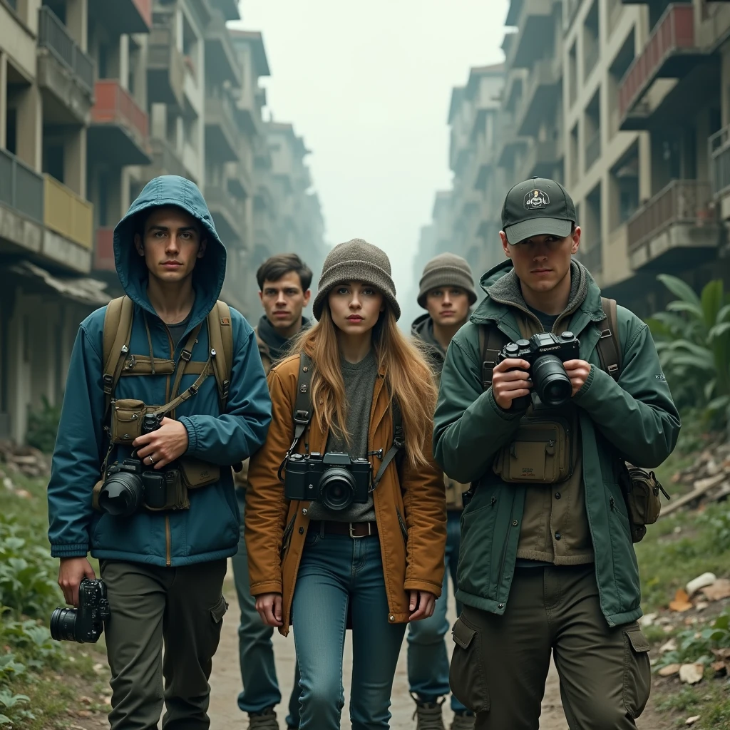 They have cameras and other equipment in their hands, and expressions of curiosity and a little fear on their faces. The abandoned city is visible behind.