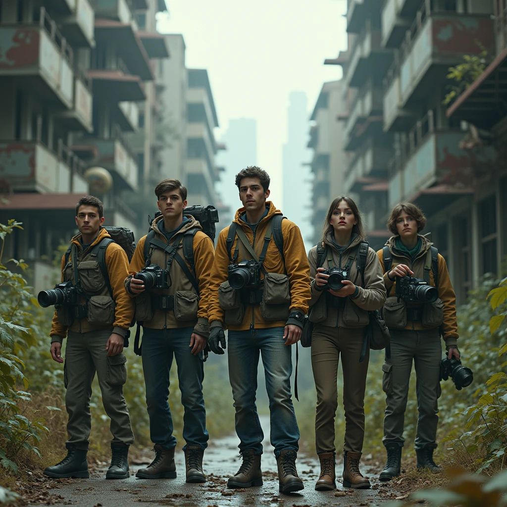 They have cameras and other equipment in their hands, and expressions of curiosity and a little fear on their faces. The abandoned city is visible behind.