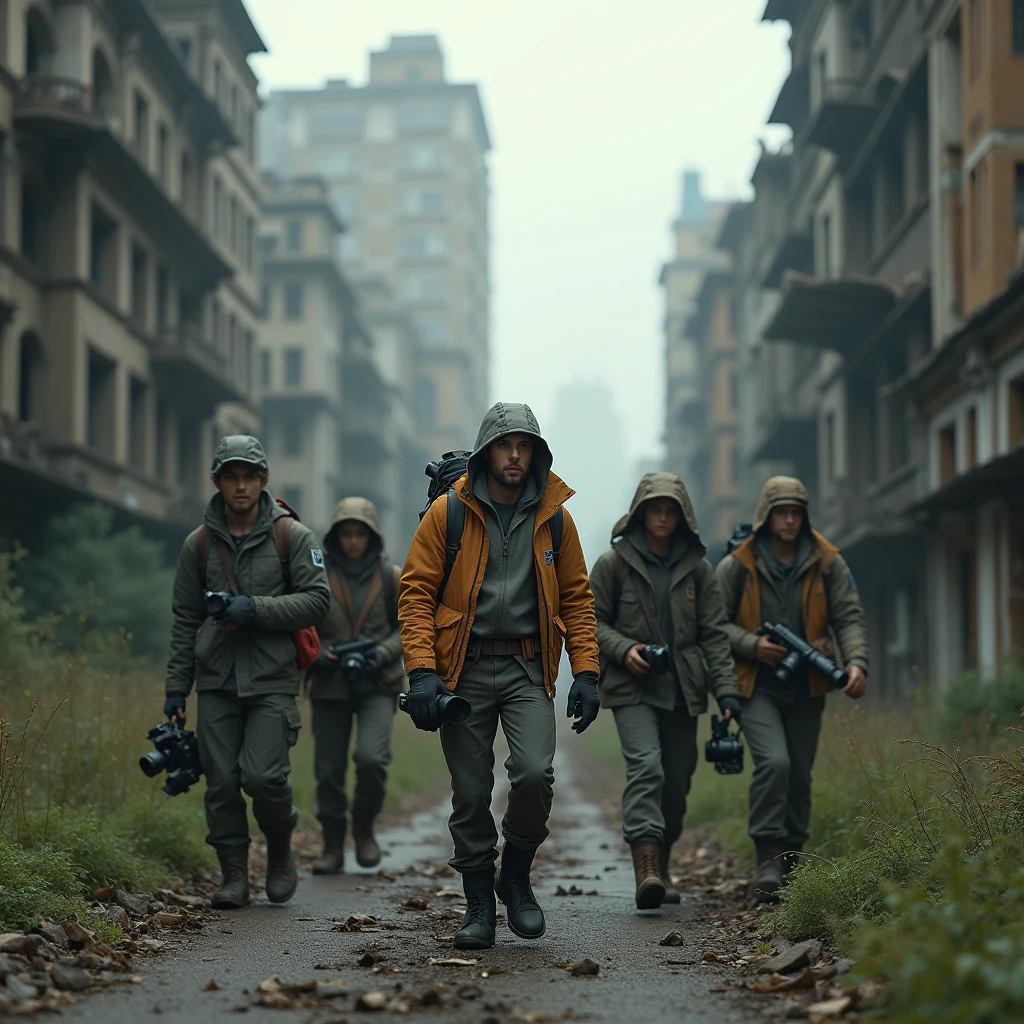 They have cameras and other equipment in their hands, and expressions of curiosity and a little fear on their faces. The abandoned city is visible behind.