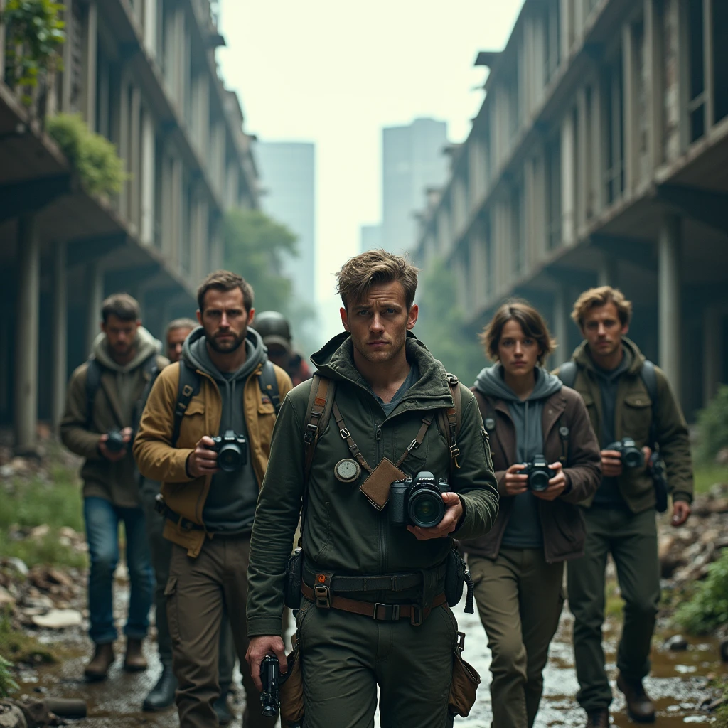 They have cameras and other equipment in their hands, and expressions of curiosity and a little fear on their faces. The abandoned city is visible behind.