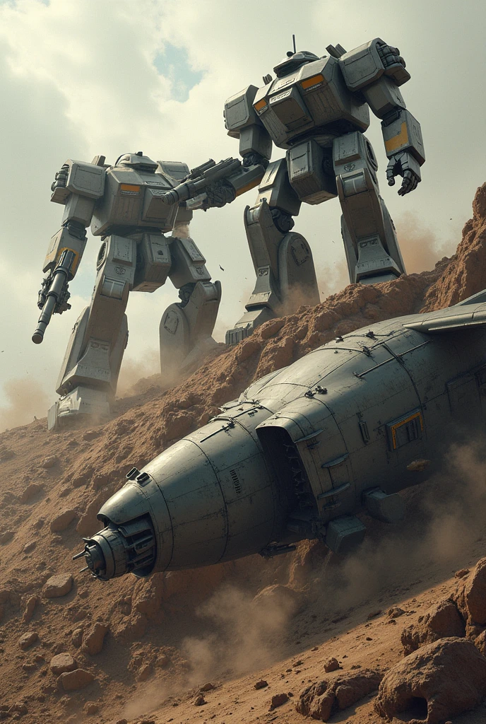 Create a image war robots battle field where 2 robots fighting each other one robot is on top of hill and other is down of the hill and beside of this robot half plane lying on the land create a image in perspective 3 point top view which was to draw this i just mentioned to you