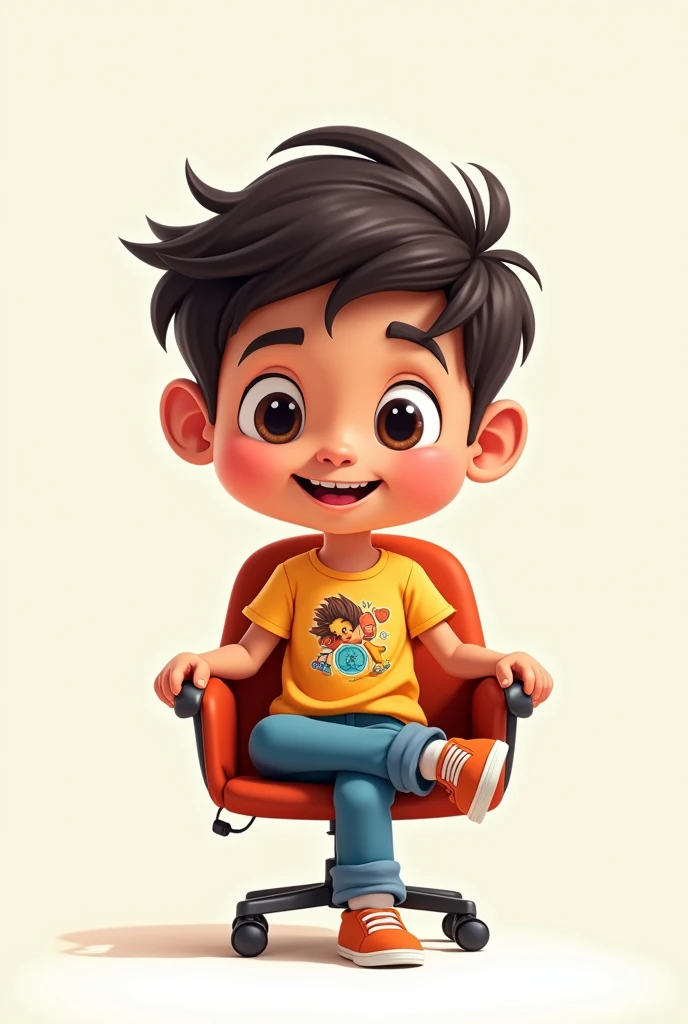 1 boy siting in the chair his name is yogesh write the t shirt 2d cartoon