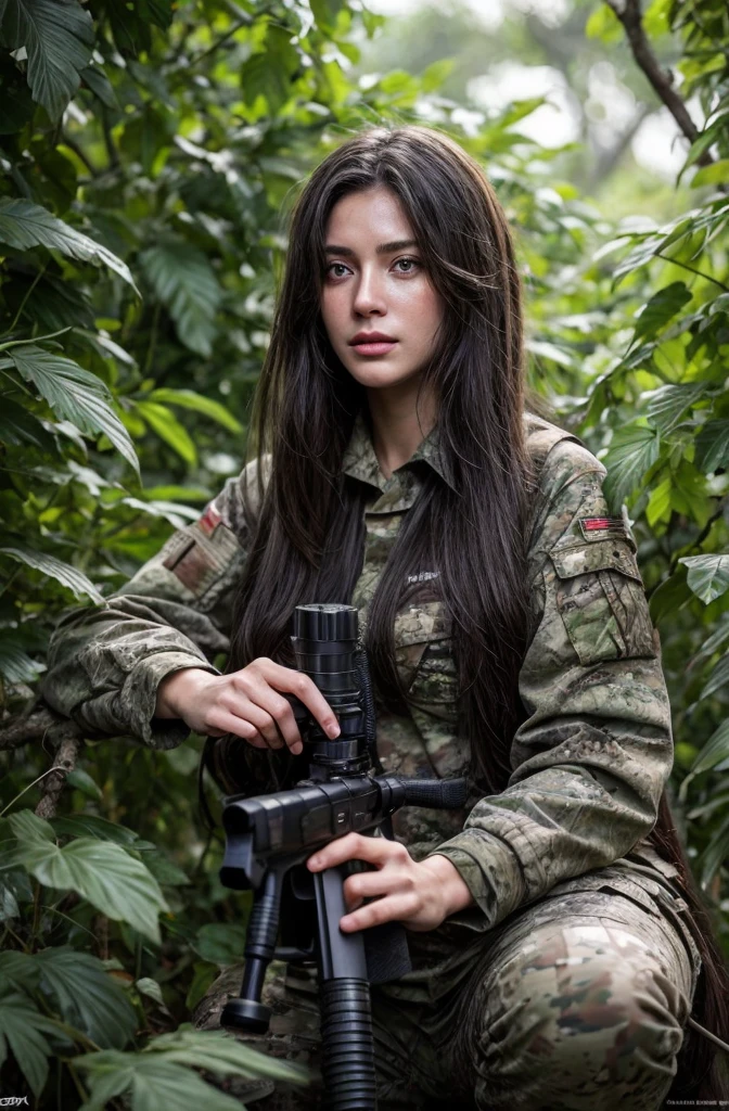 4K image of female sniper hiding in leaves., Wear a ghillie suit., Wear a sniper style camouflage uniform. ,Dark color, Masterpiece, Soft lighting and atmosphere, (god rays)