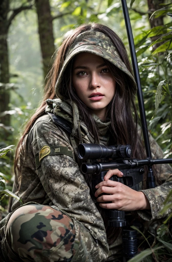 4K image of female sniper hiding in leaves., Wear a ghillie suit., Wear a sniper style camouflage uniform. ,Dark color, Masterpiece, Soft lighting and atmosphere, (god rays)