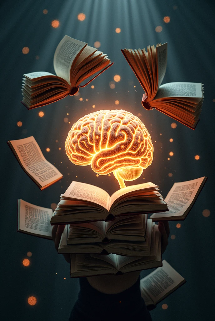 brain surrounded by books
