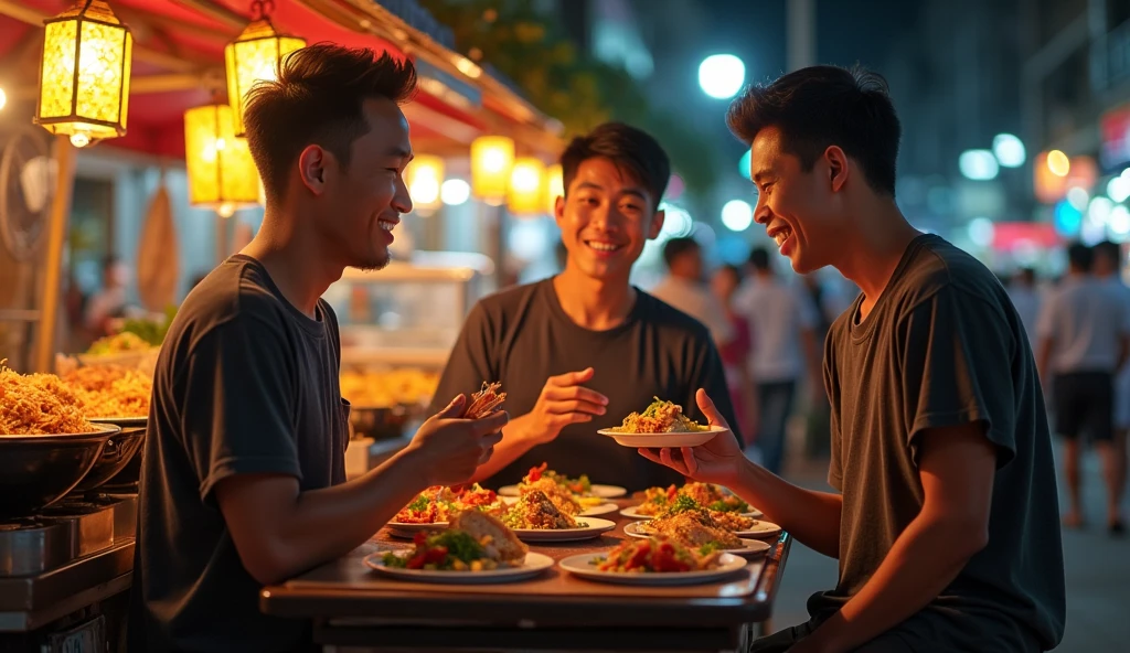 Cambodia young man and 2 Malaysia man eat street food in Malaysia night