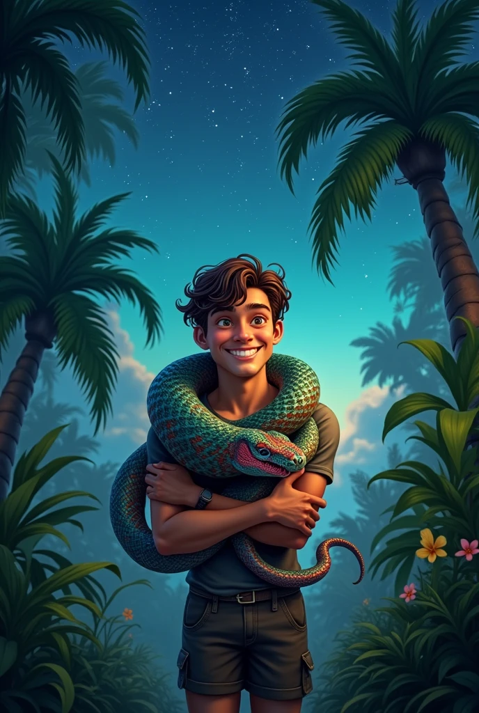 A baby with brown hair and blue eyes, Happy man hugging a poisonous snake in a tropical jungle with starry sky