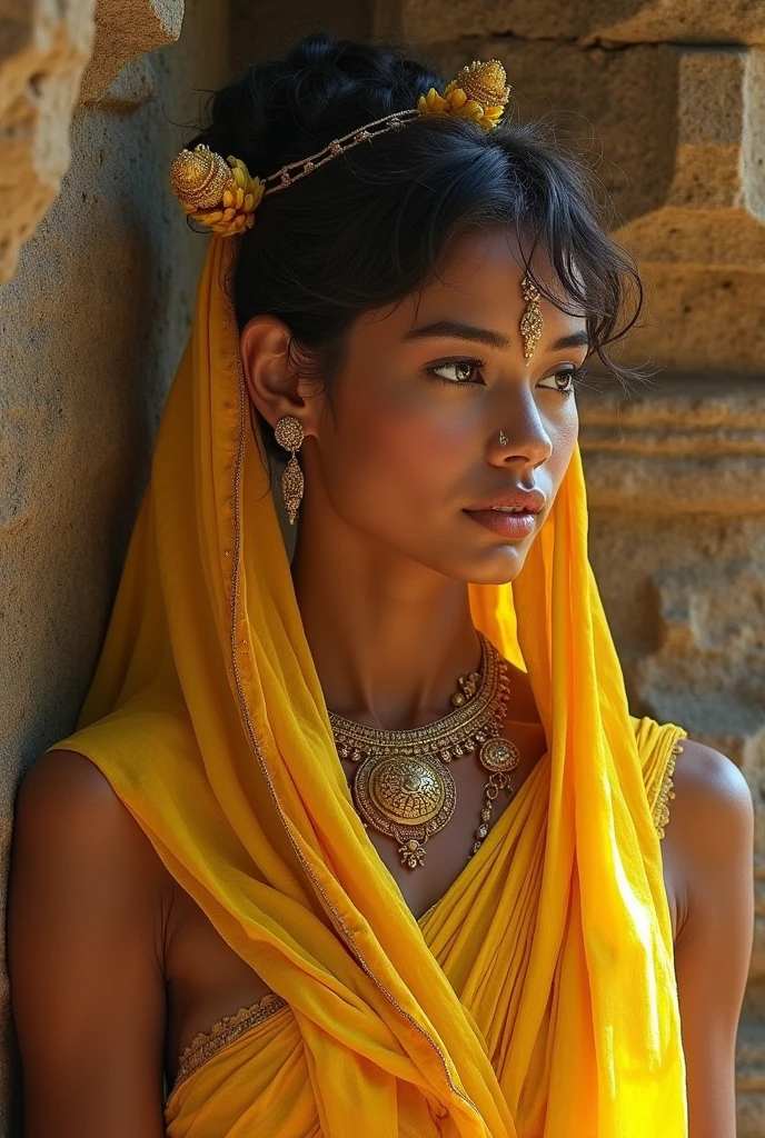 Genarate Sigirya womens art pictures in real more same angles as art in sigirya gold mixed yellow skin close 