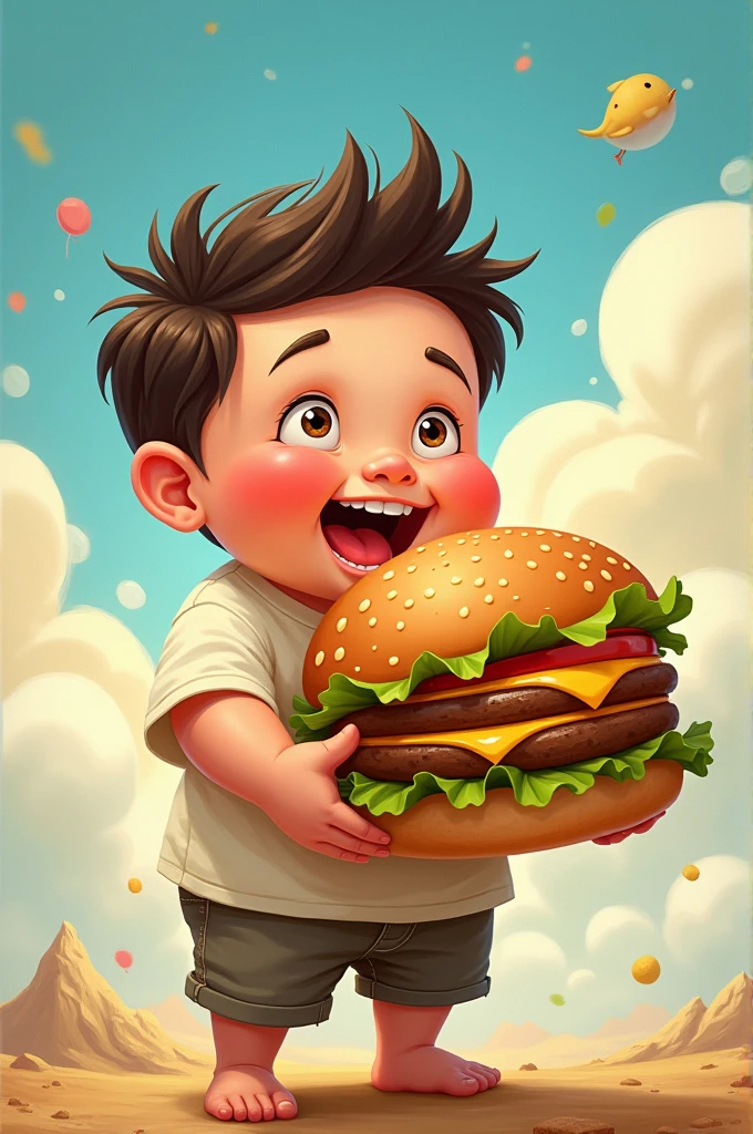 Create an image of a fat boy named ioio with a hamburger in his hand, as if it were a Disney cover 